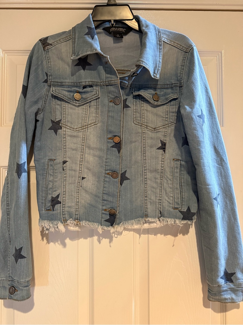 JouJou Denim Star Print Jean Jacket Small Raw Hem Distressed Cropped